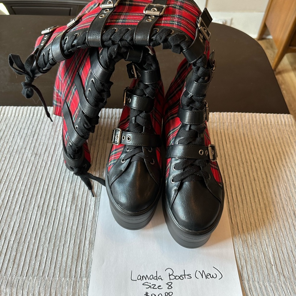 Brand new, Lamoda Boots, Red Plaid Platform Lace-Up Boots - Punk Goth Style